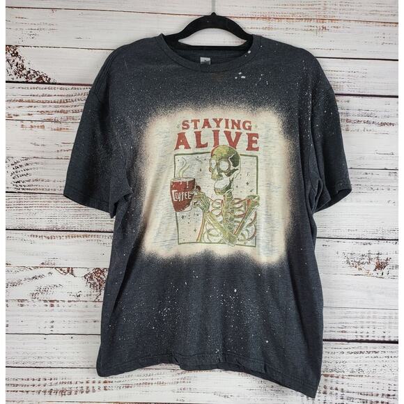 Gildan Soft Style Skeleton T Shirt L Womens Staying Alive Dark Grey Bleach Look - Picture 1 of 6